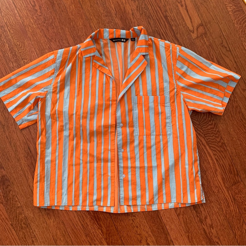 Uniqlo x Marimekko Orange and Blue Striped Button Down Shirt Size S
